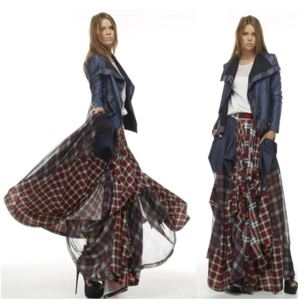 Boho Red and Blue Plaid Tov The Damsel`s Asymmetrical Maxi Skirt